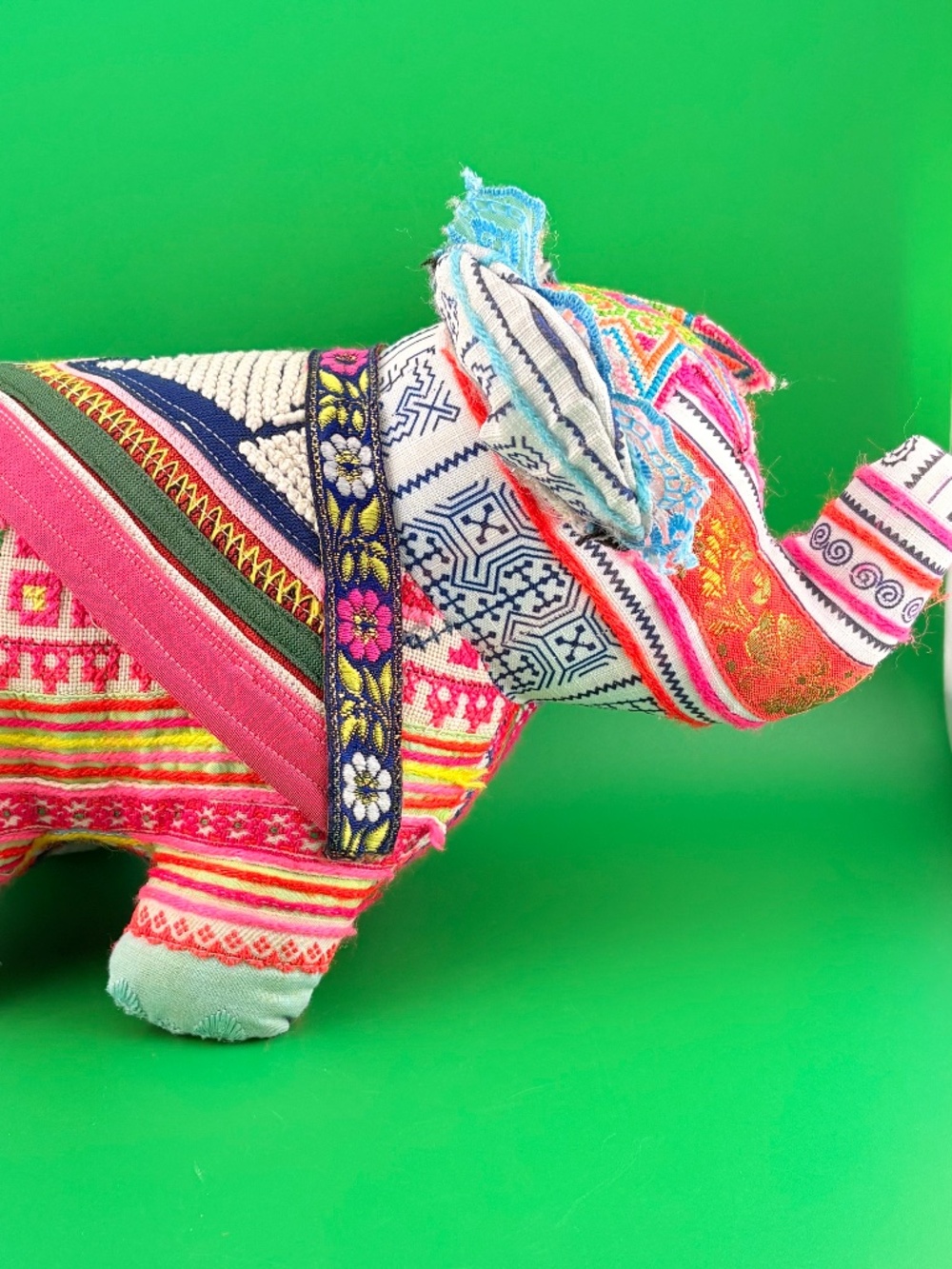 Handmade Colorful Textile Elephant Folk Art Plush Decor Boho Ethnic Embroidered